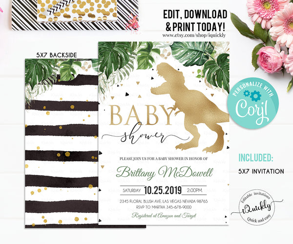 EDITABLE Dinosaur Baby Shower Invitation, Gold Boy Baby shower Invites, Dino T-Rex invitations Digital Printable Template Instant download