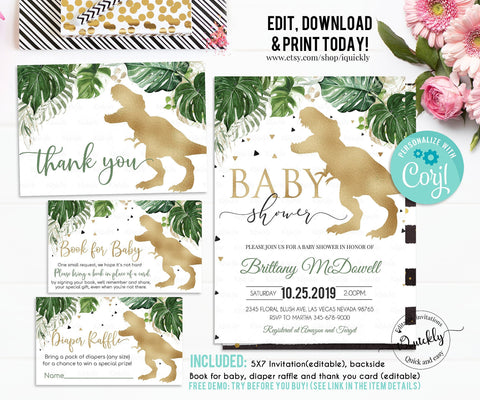 EDITABLE Dinosaur Baby Shower Invitation Set, Gold Boy Invites pack, Dino T-Rex Package Bundle Digital Printable Template Instant download