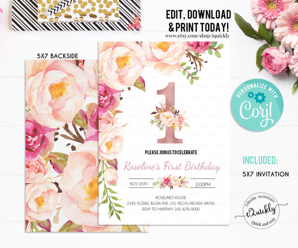 Rose Gold First Birthday Invitation, EDITABLE Floral 1st Bithday Template Invitations Rose Gold Party Girl Printable Invite Instant Download