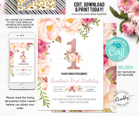 Rose Gold First Birthday Invitation, EDITABLE Floral 1st Bithday Template Invitations Rose Gold Party Girl Printable Invite Instant Download