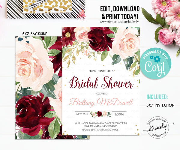 Burgundy Bridal shower invitation, Editable Floral Engagements Invitations, bachelor party Invites Template Printable Instant download