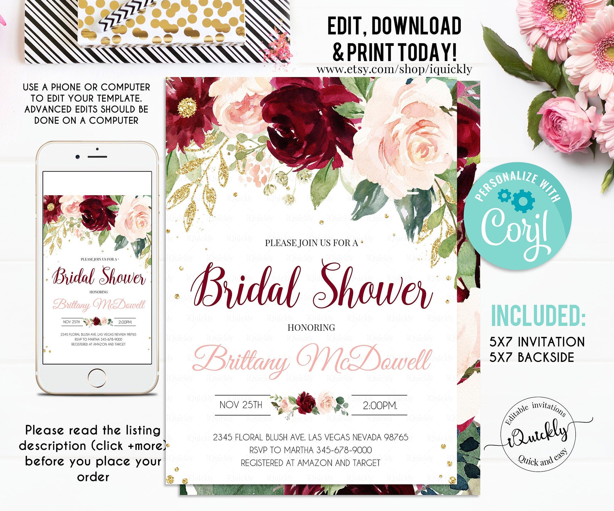 Burgundy Bridal shower invitation, Editable Floral Engagements Invitations, bachelor party Invites Template Printable Instant download