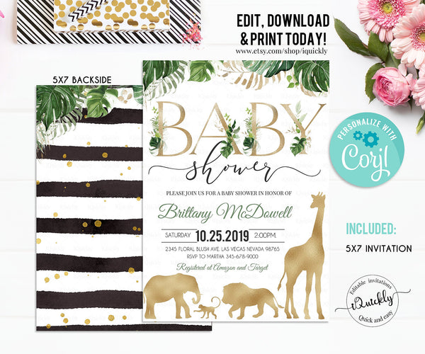 Safari Gold Baby Shower Invitation, EDITABLE Jungle Invitations, Gender Neutral invites Elephant Giraffe Instant Download Printable template