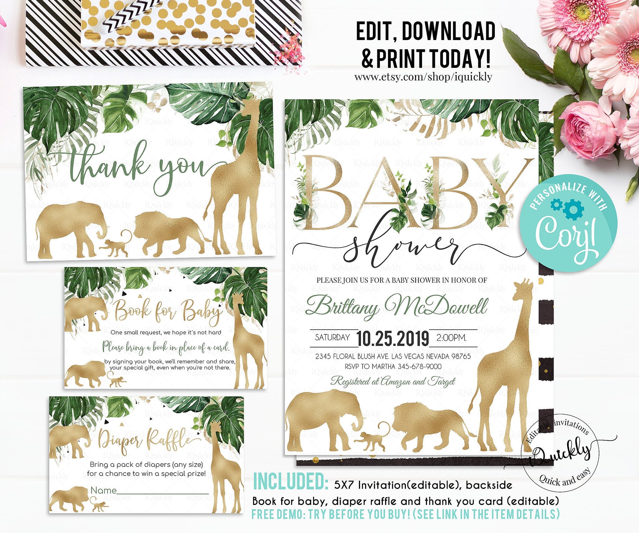 Safari Gold Baby Shower Invitation Set Bundle, EDITABLE Boy Jungle Invitations Pack, Elephant Giraffe Wild One Package Set Instant Download