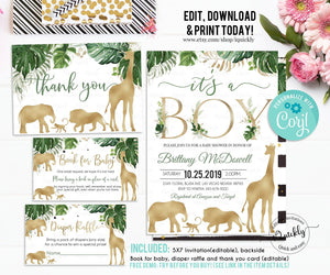 Safari Gold Baby Shower Invitation Set Bundle, EDITABLE Boy Jungle Invitations Pack, Elephant Giraffe Wild One Package Set Instant Download