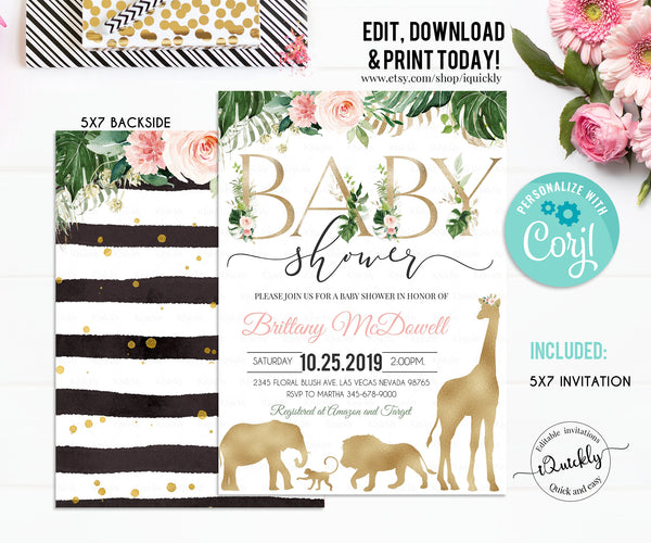 Safari Gold Baby Shower Invitation Set Bundle, EDITABLE Girl Jungle Invitations Pack, Elephant Giraffe Wild One Package Set Instant Download