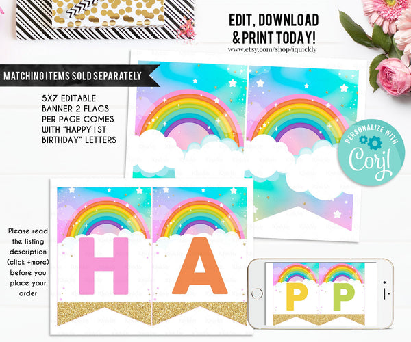 EDITABLE Rainbow Bottle Label, Water labels Printable 1st Birthday Template, Rainbow and gold Instant download Digital printable