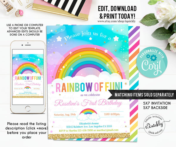 EDITABLE Rainbow Bottle Label, Water labels Printable 1st Birthday Template, Rainbow and gold Instant download Digital printable