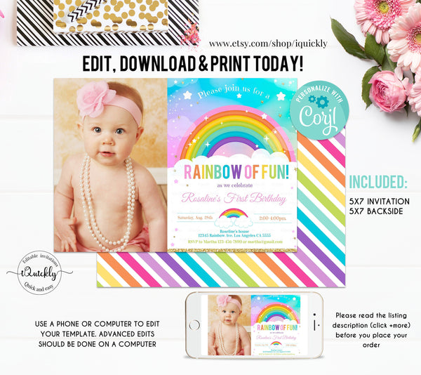 Rainbow Birthday Invitation EDITABLE, ANY Age, Photo Rainbow Confetti Invite Party Girl or Boy, instant Download Printable Digital Template