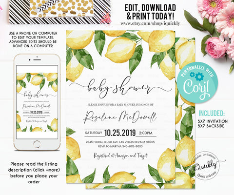 EDITABLE Lemon Baby shower invitation, Gender Neutral Citrus Lemonade Summer Spring Baby shower Invites, Girl Printable Template download