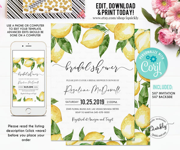 EDITABLE Lemon Bridal shower invitation, Citrus Lemonade Summer Spring Bridal shower Invites Digital Printable Template download