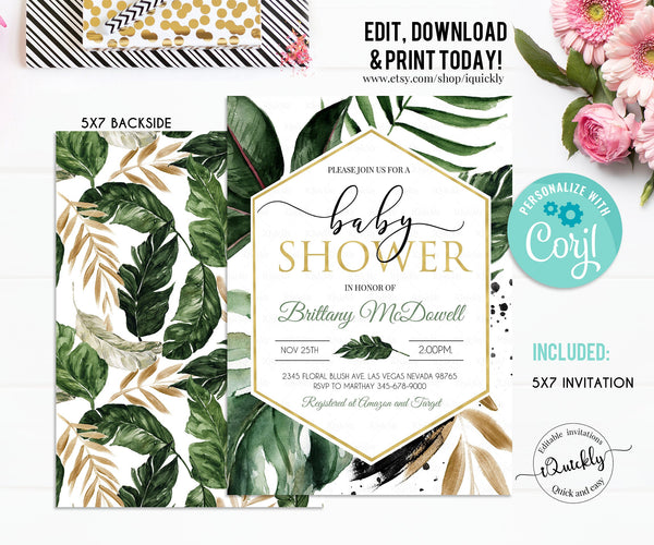 Tropical Baby Shower Invitation Set, Editable Gender Neutral Pack, Greenery Palm Leaf Gold Package Template Printable Instant download