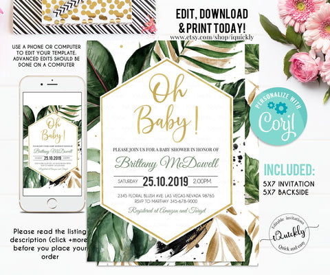 Tropical Baby Shower Invitation Editable Beach Baby Shower invite Gender Neutral Greenery Palm Leaf Gold Template Printable Instant download