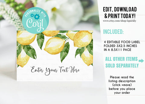 EDITABLE Lemon Food tags, Lemonade Buffet label, Citrus Tent card Food Labels, Place Cards, Table Card Printable Template Instant download