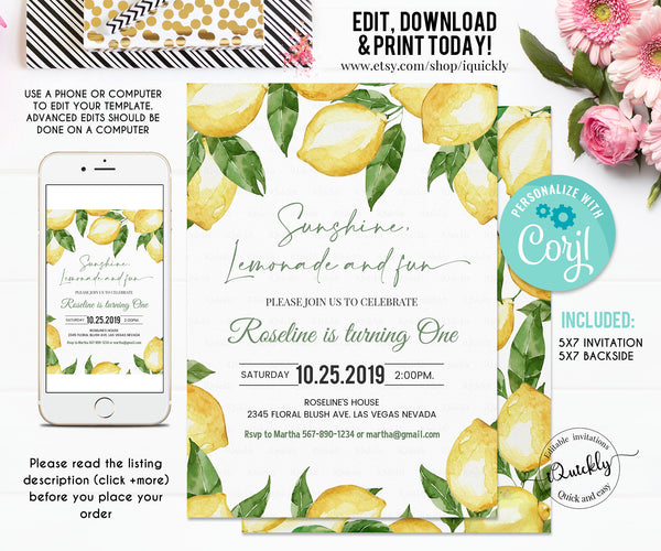 EDITABLE Lemon Birthday Invitation, Sunshine Lemonade and Fun, Citrus Invites 1st Birthday Summer Invitations Printable Template download