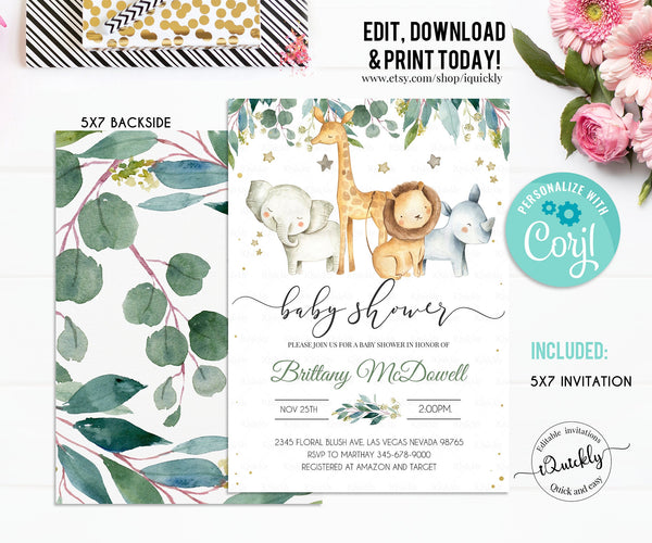 Safari Baby shower Invitation Set, Editable Jungle invite Pack, A Wild one Boy Baby Shower Package, Gender Neutral Template Instant dowload