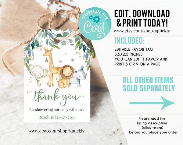 Safari Baby Shower Favor tags EDITABLE, Gender Neutral, Jungle Thank you tags, A wild one Gift tags Template printable Instant download