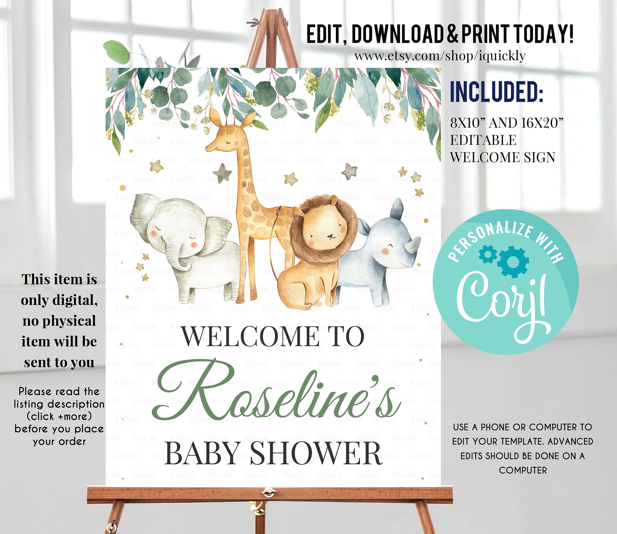 Safari Baby Shower Welcome Sign, EDITABLE, Gender Neutral, Jungle animals Birthday sign, Digital, Wild one Theme Instant download