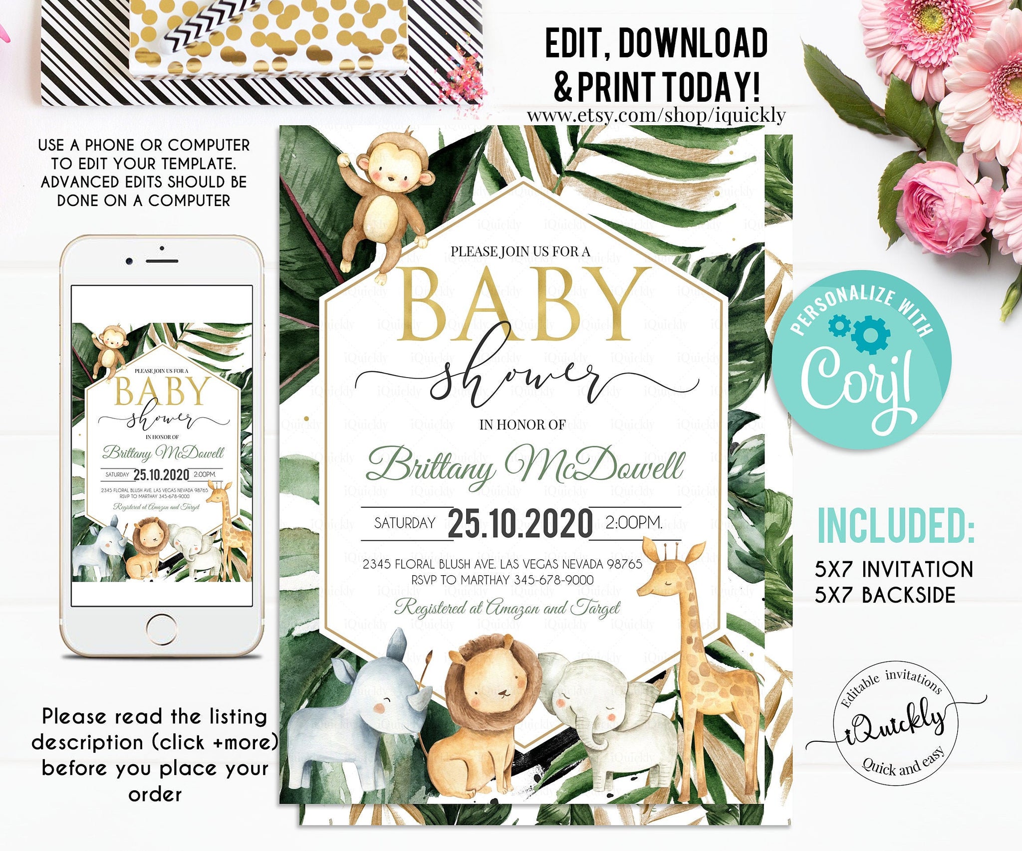 Safari Baby shower Invitation boy, Editable Jungle baby shower invites, Gender Neutral A Wild one Baby Shower, Template Instant download