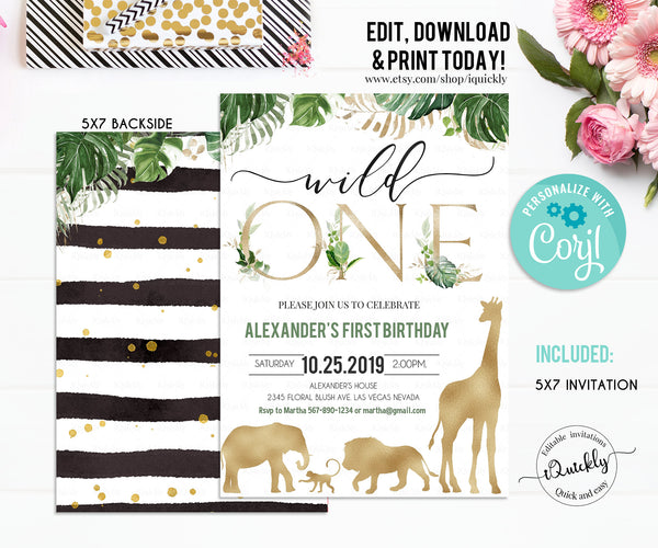 Safari Gold Birthday invitation, EDITABLE Jungle wild one Invitations, Boy 1st Birthday Invites Instant download Printable template