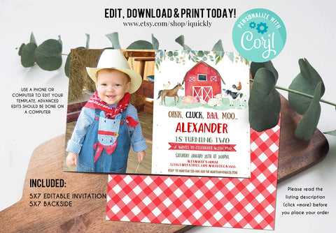 Editable Farm Birthday Invitation, Boy Barn Party, Photo Invite, Farm Animals Barnyard Boy Invitations INSTANT DOWNLOAD printable template