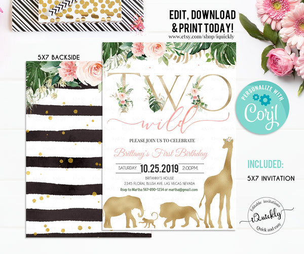 Safari Gold Birthday invitation, EDITABLE Jungle Two wild Invitations, Girl 2nd Birthday Invites Instant download Printable template digital