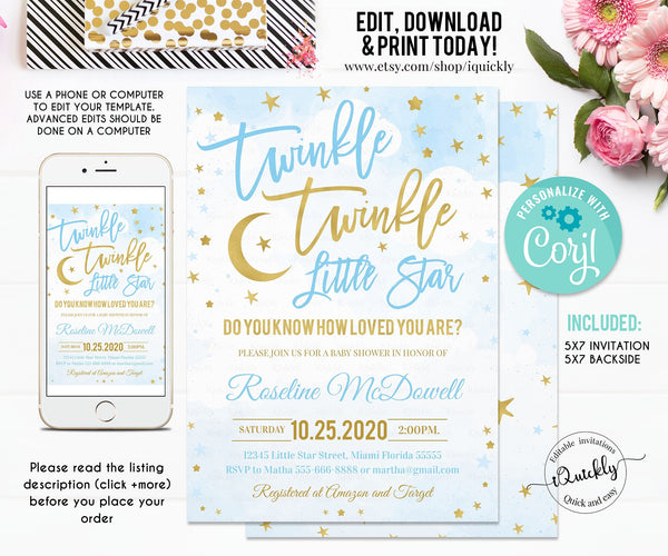 EDITABLE Twinkle Twinkle Little Star Baby Shower Invitation, Boy Baby Shower, Blue and Gold invites, Instant Download Template Digital