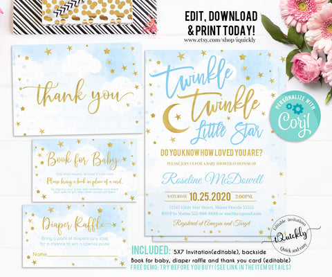 EDITABLE Twinkle Twinkle Little Star Baby Shower Invitation Set, Boy Shower package, Blue and Gold Pack, Bundle Download Template Digital