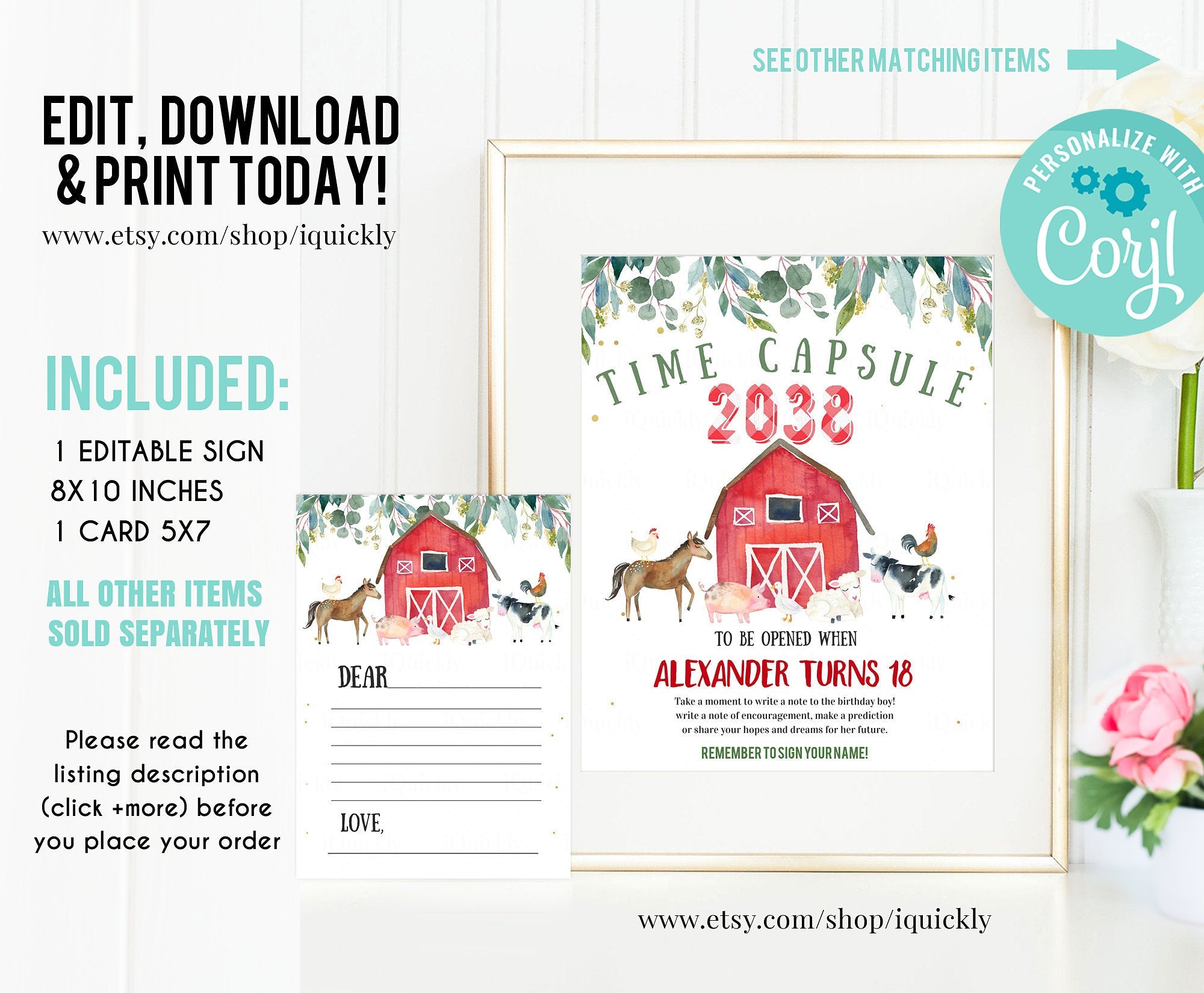 EDITABLE Farm Time Capsule Matching Note Cards, First Birthday Red Farm Party, Barnyard 1st Birthday Time Capsule Printable Instant download
