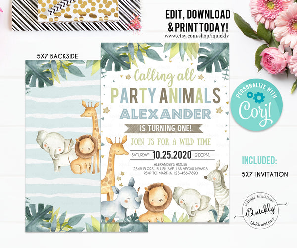 EDITABLE Safari Birthday Invitation, Party animals Boy Invites, First Birthday Jungle invitations, 1st birthday Digital instant download