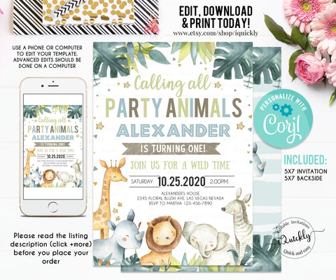EDITABLE Safari Birthday Invitation, Party animals Boy Invites, First Birthday Jungle invitations, 1st birthday Digital instant download