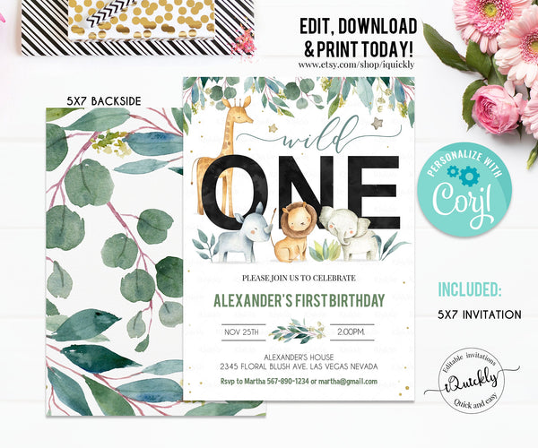 Editable Safari Party Decorations, Wild One Party Package Birthday Invitations Boy Jungle animals Invite, Template Digital Instant Download