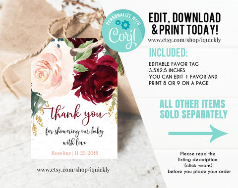 EDITABLE Burgundy Baby Shower Favor Tags, Girl Floral Thank you tags Template, Gift tags Bridal shower printable template Instant Download