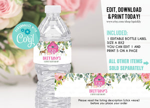 EDITABLE Farm Bottle Label, Water labels Printable 1st Birthday, Farm Animals, Girl Pink Party decorations Instant download Template digital