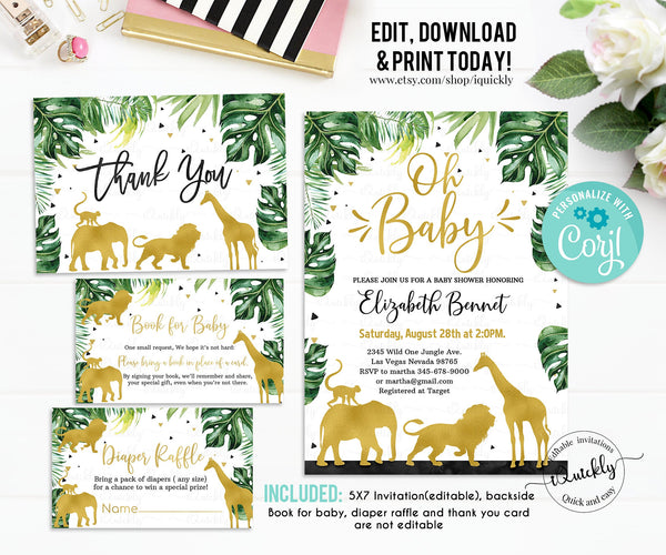 EDITABLE Jungle gold Baby Shower Bottle Label, Safari Water labels Printable Template, Wild One Lion Giraffe Elephant Boy Instant download