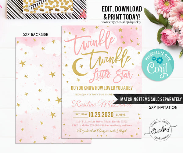 Twinkle Twinkle Little Star Baby Shower Favor tags EDITABLE, Pink and Gold Thank you tags, Gift tags, Birthday Instant download Printable