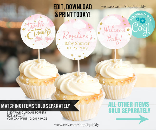 EDITABLE Twinkle twinkle little star Cupcake Toppers, Boy Baby Shower Decorations, Pink and gold Cake toppers Instant download Printable