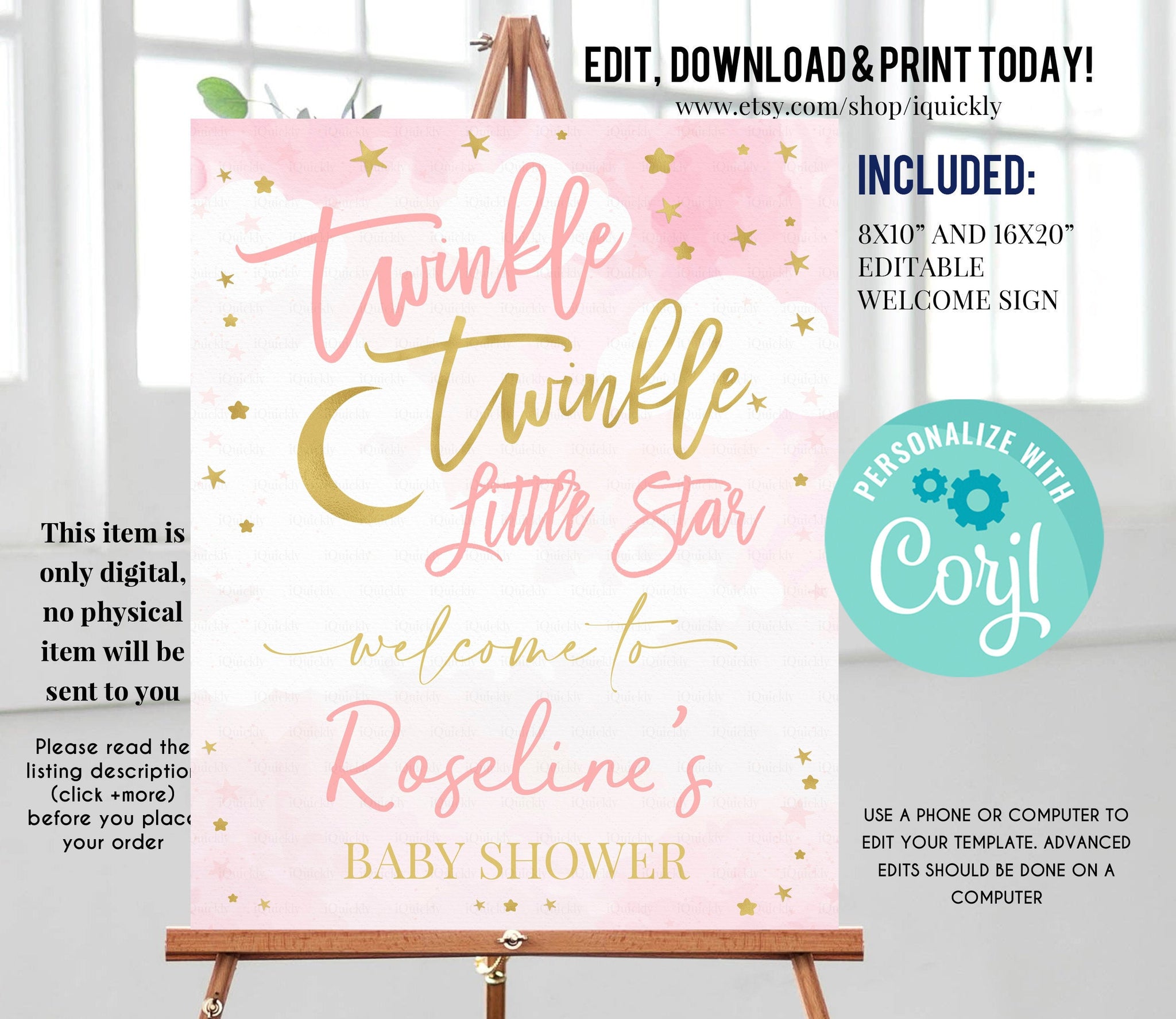 Editable Welcome Twinkle Twinkle Little Star Baby Shower Sign, Pink and Gold Birthday Sign Bridal Shower Instant download Printable DIY