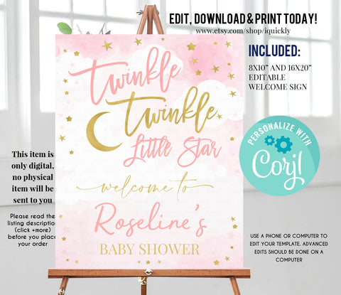 Editable Welcome Twinkle Twinkle Little Star Baby Shower Sign, Pink and Gold Birthday Sign Bridal Shower Instant download Printable DIY