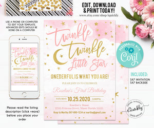 EDITABLE Twinkle Twinkle Little Star Birthday Invitation, Girl Pink and Gold Birthday invites Baby's First Instant Download Template Digital