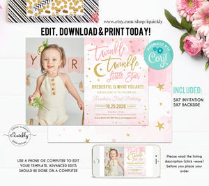 EDITABLE Twinkle Twinkle Little Star Birthday Invitation, Girl Pink and Gold First Birthday invites photo Instant Download Template Digital