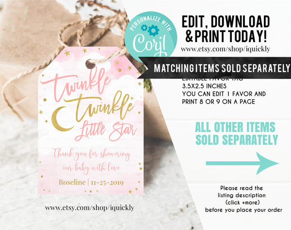 EDITABLE Twinkle Twinkle Little Star Birthday Invitation, Girl Pink and Gold First Birthday invites photo Instant Download Template Digital