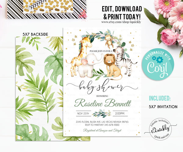 Safari Baby shower Invitation Set, Editable Jungle baby shower invites Pack, Bundle Gender Neutral A Wild one Package Template download