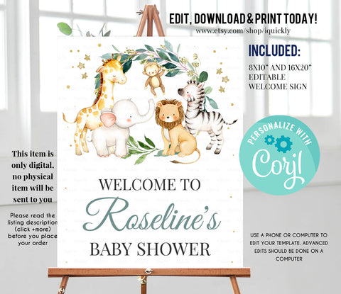 Safari Baby Shower Welcome Sign, EDITABLE, Boy Jungle animals Birthday sign, a wild one Digital, Party Decoration instant download Template