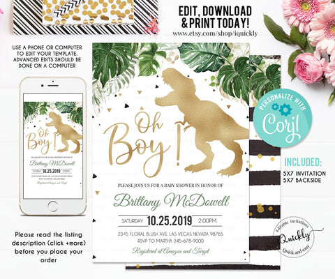 EDITABLE Dinosaur Baby Shower Invitation, Gold Oh Boy Baby shower Invites Dino T-Rex invitations Digital Printable Template Instant download