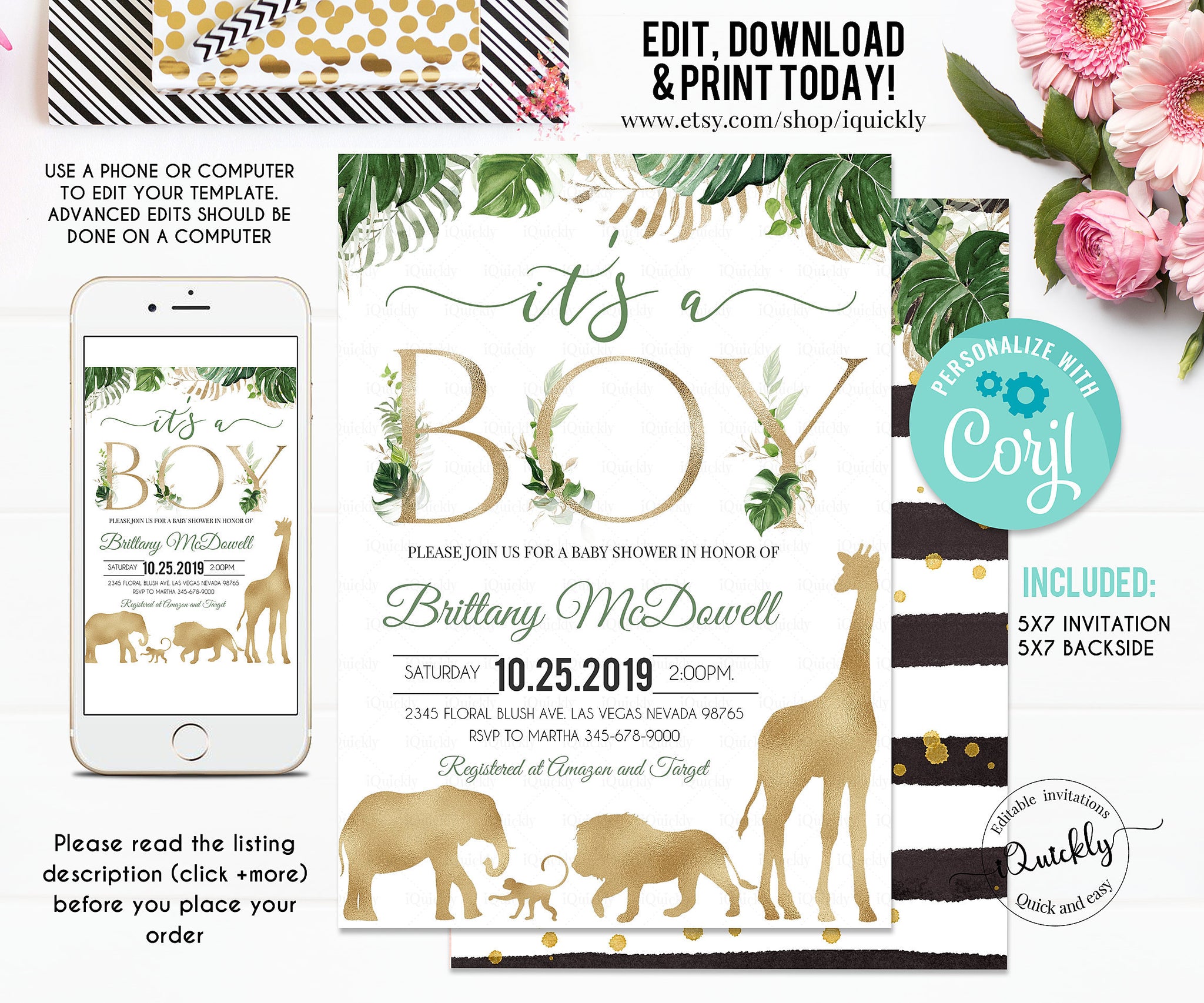 EDITABLE Safari Gold Baby Shower Invitation, Jungle Invitations, Its a Boy invites Elephant Giraffe Lion Instant Download Printable template