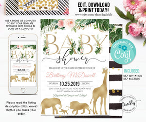 Safari Gold Baby Shower Invitation EDITABLE Jungle Invitations Girl Baby Shower invites Elephant Giraffe Instant Download Printable template