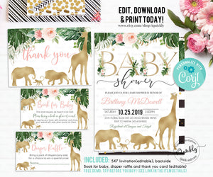 Safari Gold Baby Shower Invitation Set Bundle, EDITABLE Girl Jungle Invitations Pack, Elephant Giraffe Wild One Package Set Instant Download