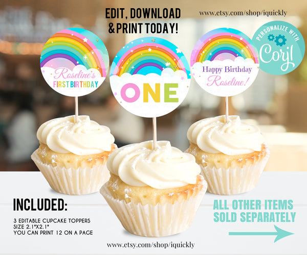 EDITABLE Rainbow Birthday Party Package, Rainbow Confetti Party Decorations, Invitation set instant Download Printable Digital Template