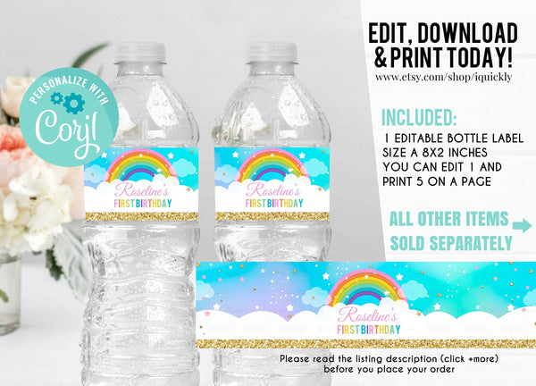 EDITABLE Rainbow Bottle Label, Water labels Printable 1st Birthday Template, Rainbow and gold Instant download Digital printable